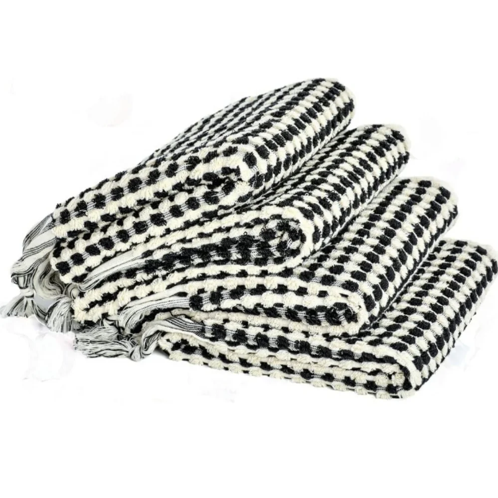 Turkish Spa Hair Peshtemal XL Hand Towel Black and Natural White Pom Pom Turkey